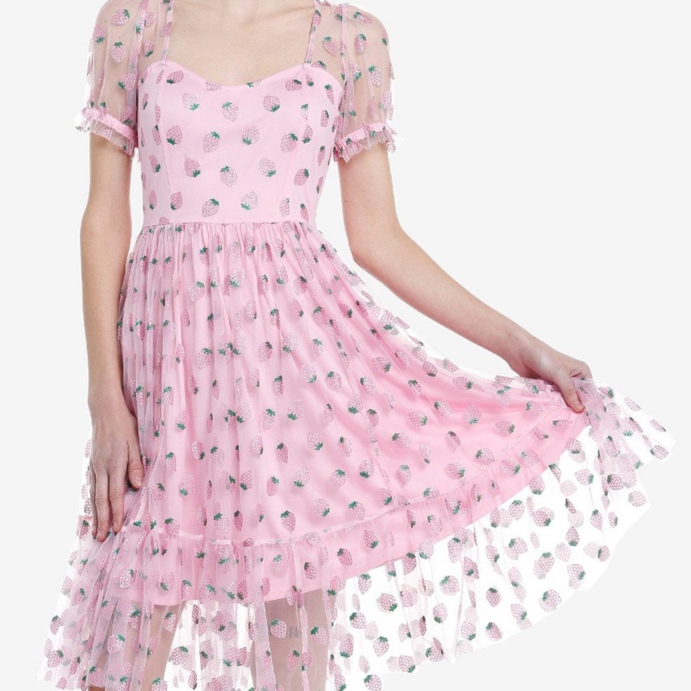 Sweet Society Pink Strawberries Mesh Puff Sleeve Dress‎ Hot Topic